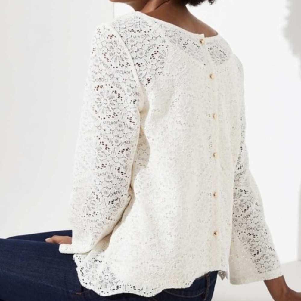 LOFT Floral Lace White Ivory Cream Button Down Back Blouse Top Shirt Sz XSmall